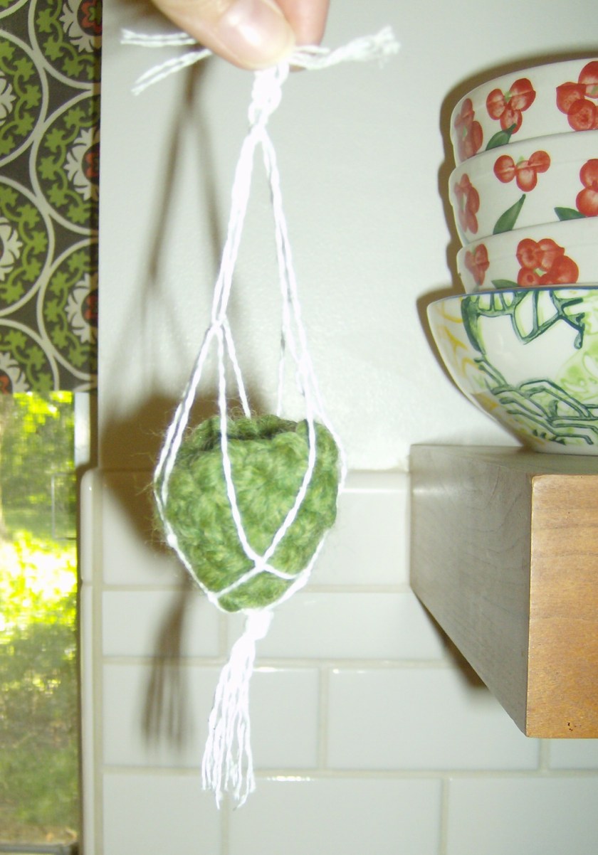 Tiny crocheted pot and thread macrame plant holder by Holly Tierney-Bedord. All rights reserved.