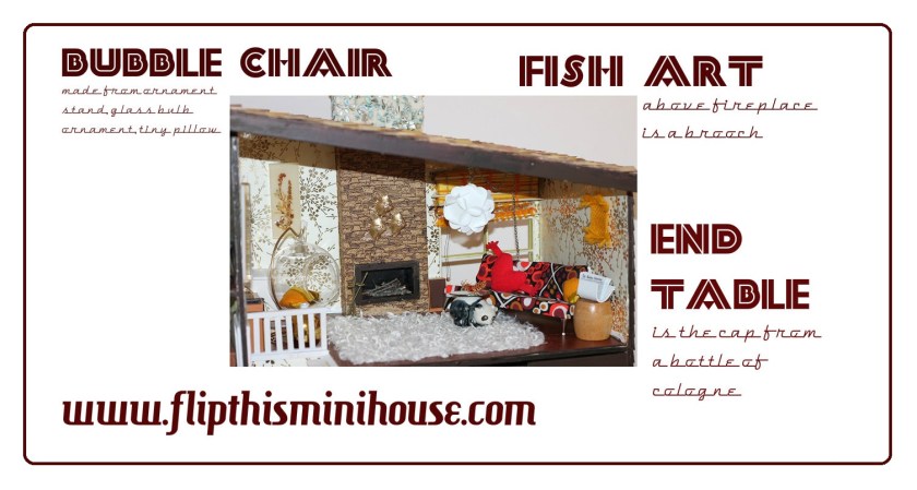 A closer look at the Flip This (Mini) House living room. To learn how to make a bubble chair, faux modern pendant light, and much more, take a look at old posts.